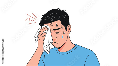 Exhausted young man wipes sweat from his forehead with a white handkerchief while feeling unwell and tired outdoors in summer.