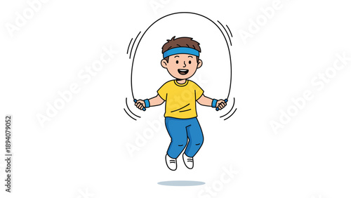 Active young boy wearing a blue headband and a yellow shirt jumping rope with a happy expression on a white background.