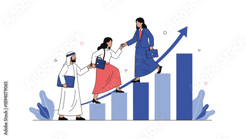 Diverse team of business professionals helping each other climb up a rising success bar chart representing career growth and achievement.