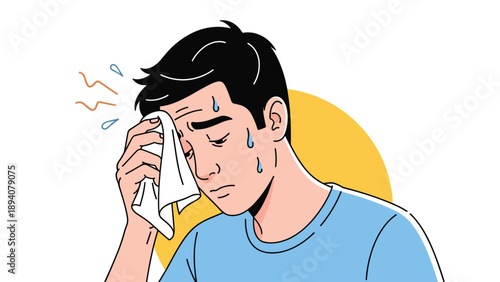Sick man suffering from a high fever wipes away beads of sweat with a small cloth against a bright yellow circular background.