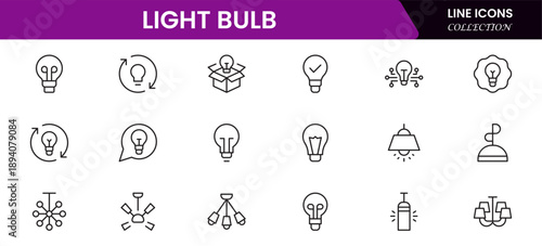 Light bulb idea line icons. Vector electric energy lamps and lightbulbs isolated outline symbols for creative solution, idea, innovation and inspiration concept.