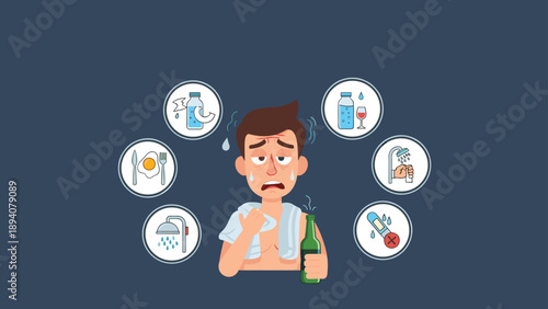 Illustration of a hungover man surrounded by essential recovery icons like water, food, shower, and rest after a night of drinking.