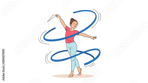 Talented young female rhythmic gymnast performs an elegant routine with a long blue ribbon swirling around her body in graceful curves.