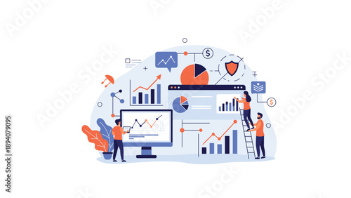 Collaborative business team analyzing complex data visualizations and financial statistics on a large digital screen for strategic planning.