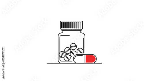 Simple line art illustration of a medicine pill bottle with several round tablets inside and one red and white capsule lying next to it.