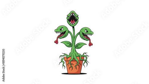 Scary three-headed monstrous plant with sharp teeth and long red tongues growing in a clay pot for a fantasy or horror theme illustration.