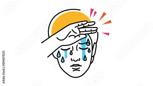 Simple icon of a person feeling unwell with their hand on their forehead and droplets of sweat representing a fever or heat exhaustion.