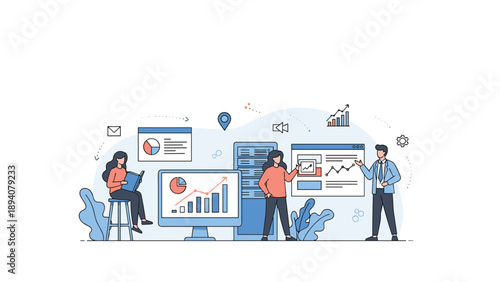 Professional team of data scientists and it specialists managing network servers and analyzing business analytics for corporate efficiency.