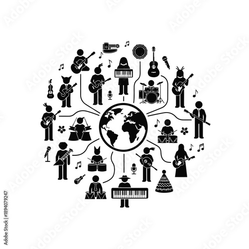 A black and white illustration depicting a global music scene with various musical instruments and musicians from different cultures.