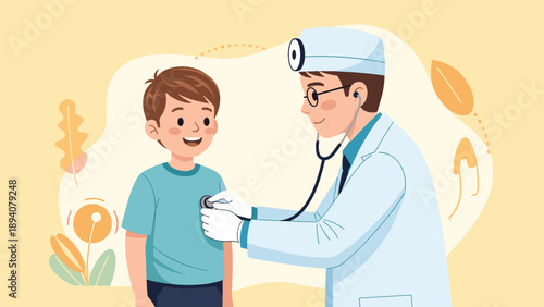 Friendly male doctor using a stethoscope to listen to the heartbeat of a young smiling boy during a regular medical checkup in a clinic.