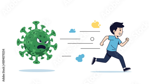 Brave young boy running fast to escape from a large green virus monster to represent the fight against disease and importance of health.
