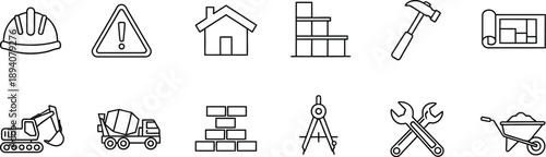 Collection of essential black and white outline icons representing various construction machinery tools safety gear architectural elements and building progress symbols for industry use