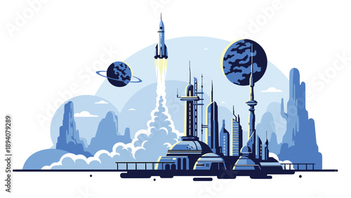 Futuristic city built on a distant planet with high-tech buildings, launching rockets, and multiple moons visible in the alien sky.