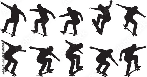 Dynamic silhouettes of skateboarders performing tricks Vector