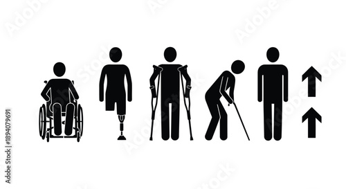Diverse silhouettes illustrating stages of mobility and rehabilitation with assistive devices for inclusive progress