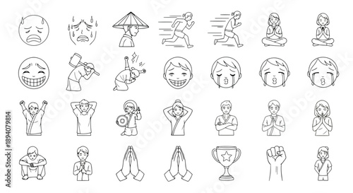 Hand-drawn vector illustrations of yoga poses, meditation, facial expressions, emotions, and human gestures in simple line art style
