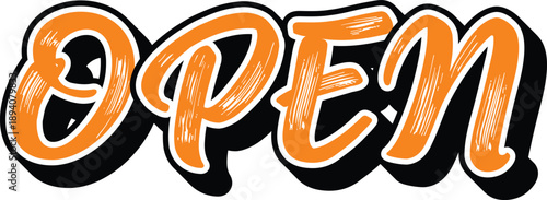 Open typography text in bold orange style. Hand drawn lettering for shop sign, business status, or store display. Clean vector design for posters, banners, and digital media.
