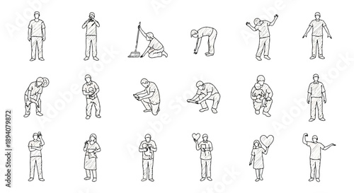 Collection of minimalist human silhouette icons showing diverse actions and emotions for design and communication projects