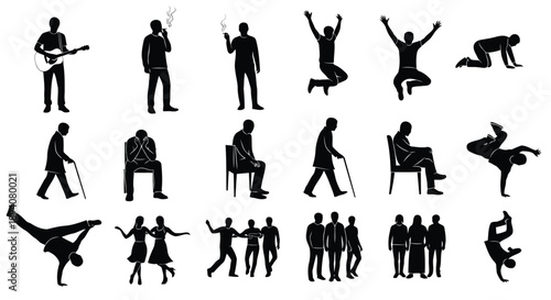 Collection of diverse human silhouette poses showcasing activities like music, sports, mobility, and social interactions in minimalist style