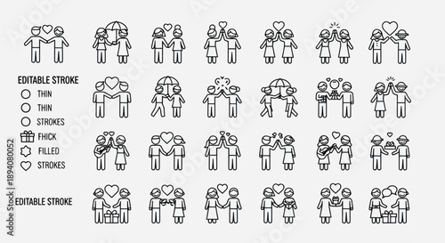 Collection of editable vector family icons showing relationships and love with customizable stroke styles in monochrome