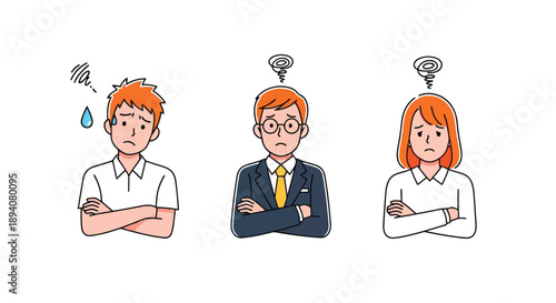 Frustrated young man, professional businessman, and businesswoman in thought with crossed arms and lightbulb ideas