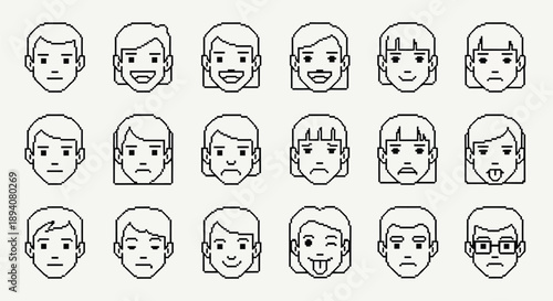 Collection of minimalist pixel art human face icons showcasing diverse emotions, hairstyles, and neutral expressions in monochrome design