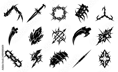 Aggressive Dark Fantasy Tribal Element Asset Sheet for Edgy Tattoo Design and Gaming UI