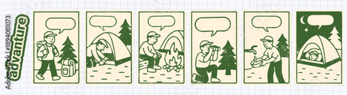 Embark on Nature's Journey Charming Hand-Drawn Camping Comic Strip for Outdoorsy Creative Projects set