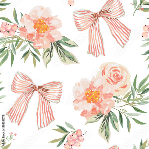 Pink peony flowers, roses, currant berries, green leaves, striped bows, white background. Vector floral illustration. Seamless pattern. Summer garden nature. Botanical design