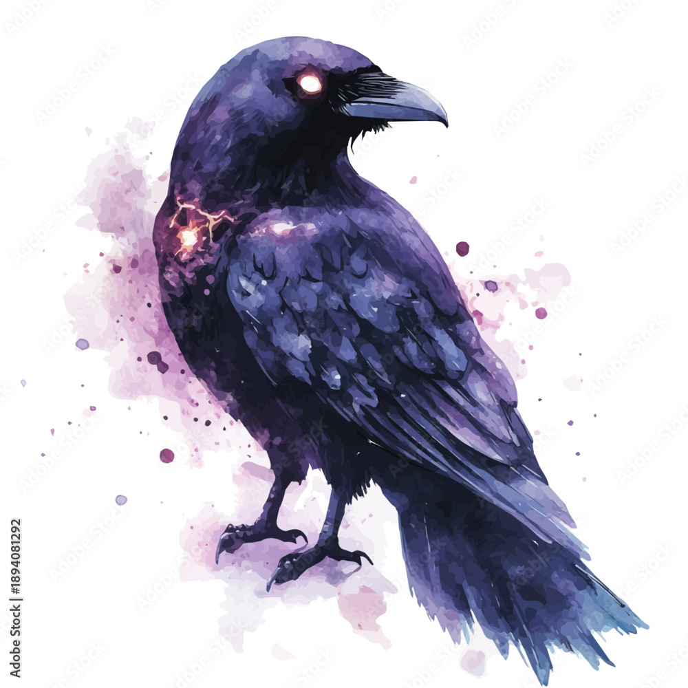 Naklejka premium Raven, artistic semi-realistic fantasy style, soft glow effects, watercolor illustration, white background