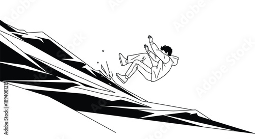 Person losing balance and falling on slippery surface in minimalist line drawing style illustration