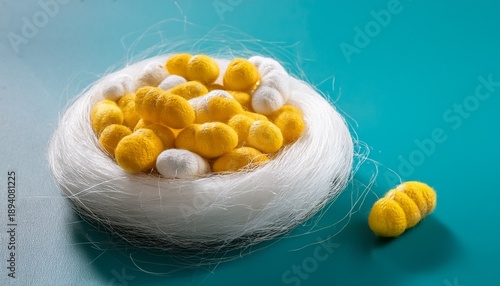 Silk Worm Silk Worm Cocoons In White And Yellow Nests