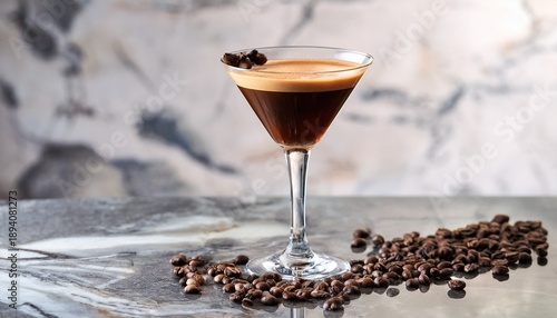 Espresso Martini Garnished With Three Coffee Beans On A Marble Table