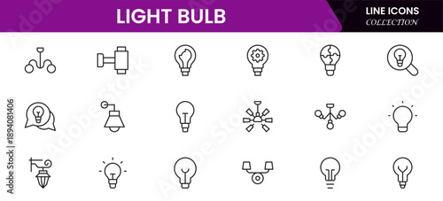 Light bulb idea line icons. Vector electric energy lamps and lightbulbs isolated outline symbols for creative solution, idea, innovation and inspiration concept.