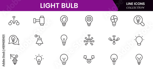 Light bulb idea line icons. Vector electric energy lamps and lightbulbs isolated outline symbols for creative solution, idea, innovation and inspiration concept.