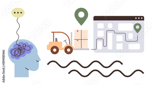 Supply chain management, logistics operations, decision making, problem solving, navigation, technology. Human brain with tangled thoughts, forklift map pin and delivery path. Logistics
