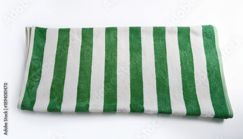 Green And White Striped Beach Towel On White Background