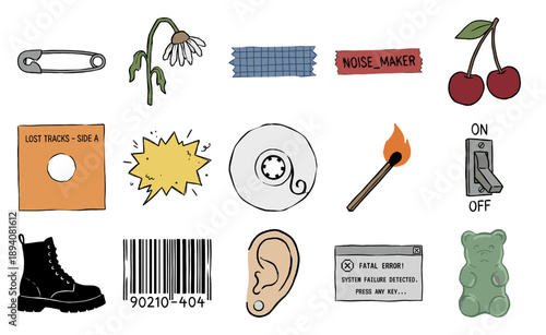 Grungy Hand-Drawn Alt-Rock Graphic Element Kit for 90s Nostalgia Scrapbooking and Zine Design