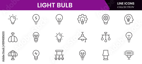 Light bulb idea line icons. Vector electric energy lamps and lightbulbs isolated outline symbols for creative solution, idea, innovation and inspiration concept.