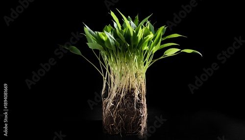 Green Plant With Exposed Roots On A Black Background