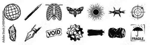 Grungy Linocut Subculture Aesthetic Graphic Asset Sheet for Alternative Streetwear Design