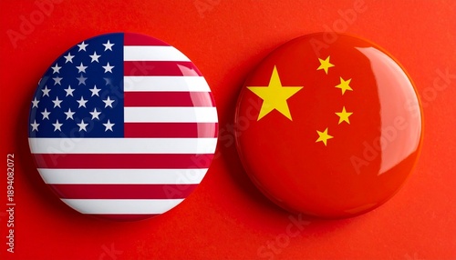 Side-by-Side Circular Buttons Featuring the Flags of the United States and China on Red Background