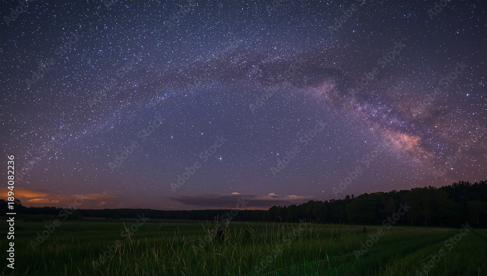 Obraz premium 天の川と低い薄雲が広がり草の露が星を返す静かな夜の草原、人物なし