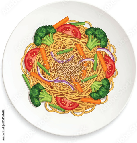 Veggie Noodle Bowl: Fresh Asian Stir-Fry Illustration