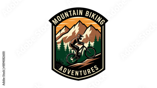 A vintage-style emblem for mountain biking adventures, featuring a biker on a trail with mountains and pine trees under an orange sky.