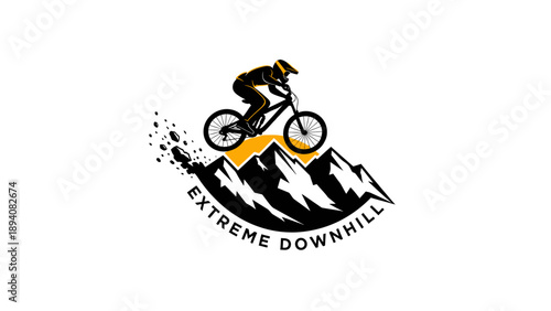 Dynamic logo illustration of a mountain biker descending a rugged peak with a dirt trail, emphasizing extreme downhill sports.