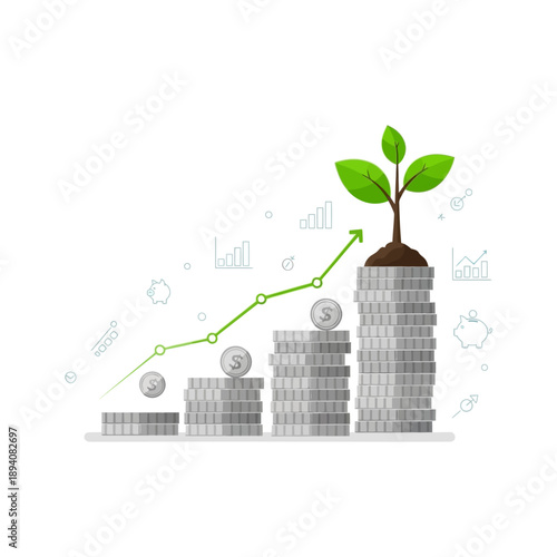 Financial Growth: Plant Sprouting from Stacked Coins with Upward Trend Graph