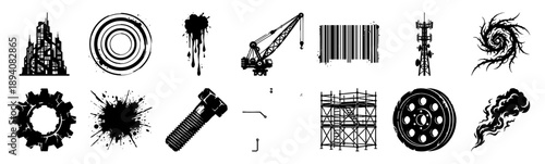 Industrial Grunge Heavy Machinery and Construction Element Kit for Urban Brutalist Design