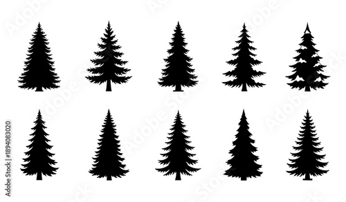 Winter Forest Christmas Tree Silhouette Icon Set Vector