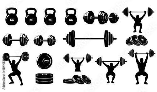 Gym Weight Training Silhouette Icon Set Vector